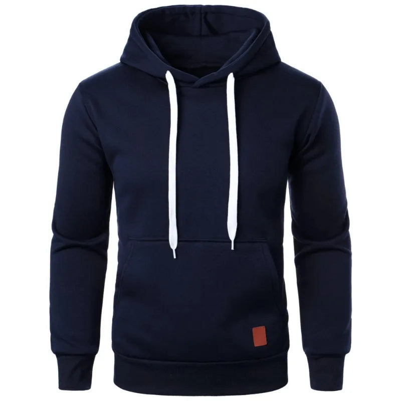 Men's lightweight navy blue drawstring pullover hoodie with kangaroo pocket, front side view on white background