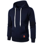 Men's lightweight navy blue drawstring pullover hoodie with kangaroo pocket and white drawstring, front view on white background