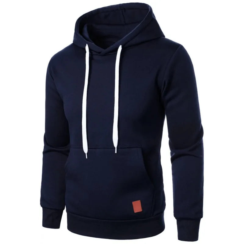 Men's lightweight navy blue drawstring pullover hoodie with kangaroo pocket and white drawstring, front view on white background