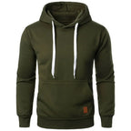 Men's lightweight olive green drawstring pullover hoodie with kangaroo pocket, front side view on white background