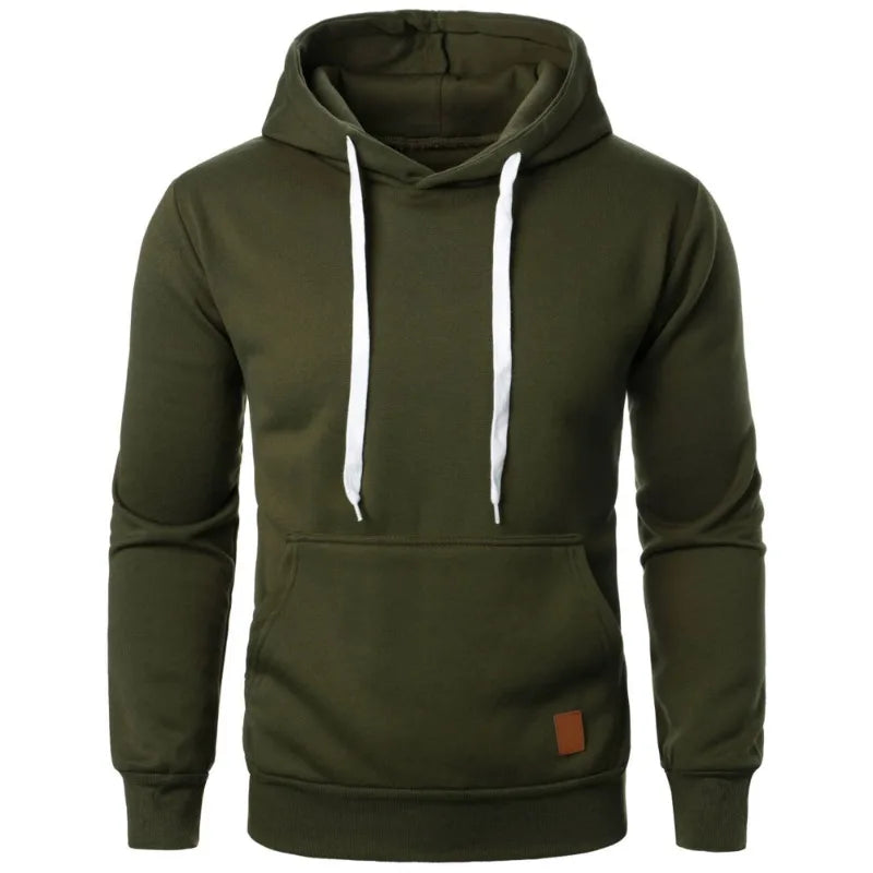 Men's lightweight olive green drawstring pullover hoodie with kangaroo pocket, front side view on white background