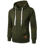 Men's lightweight olive green drawstring pullover hoodie with kangaroo pocket and white drawstring, front view on white background