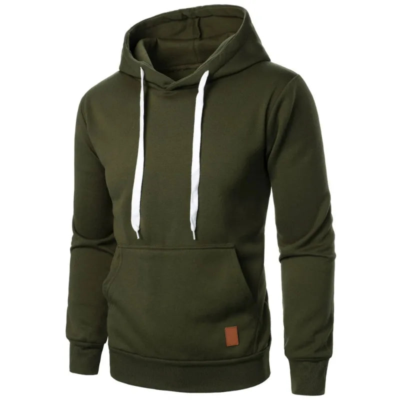 Men's lightweight olive green drawstring pullover hoodie with kangaroo pocket and white drawstring, front view on white background