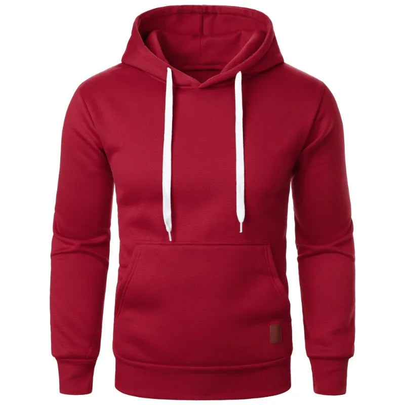 Men's lightweight red drawstring pullover hoodie with kangaroo pocket, front side view on white background