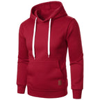 Men's lightweight red drawstring pullover hoodie with kangaroo pocket and white drawstring, front view on white background