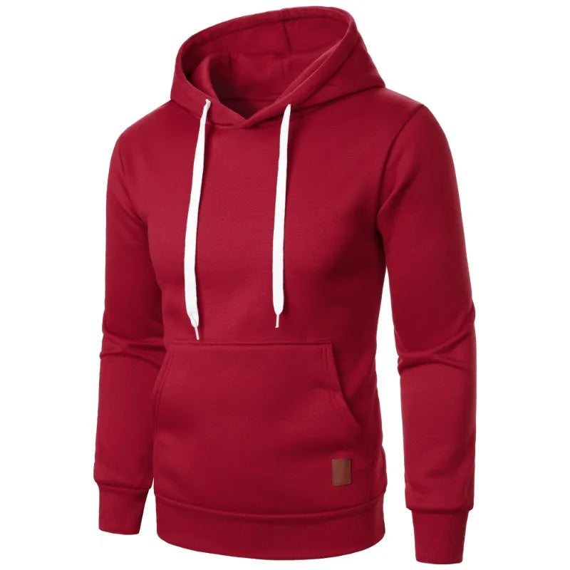 Men's lightweight red drawstring pullover hoodie with kangaroo pocket and white drawstring, front view on white background
