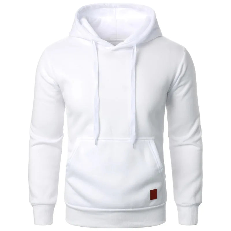 Men's lightweight white drawstring pullover hoodie with kangaroo pocket, front side view on white background