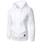 Men's lightweight white drawstring pullover hoodie with kangaroo pocket and white drawstring, front view on white background