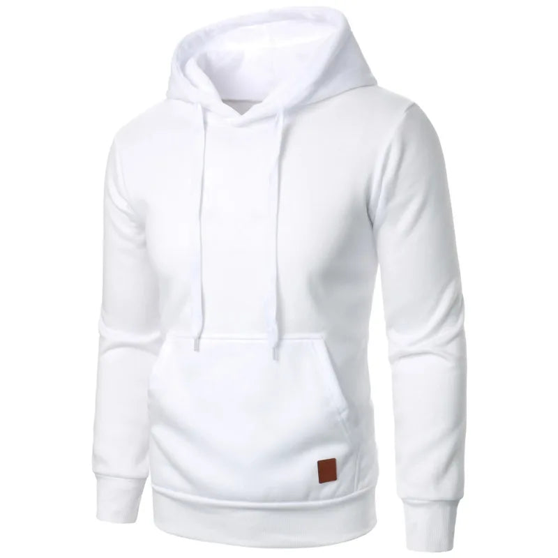 Men's lightweight white drawstring pullover hoodie with kangaroo pocket and white drawstring, front view on white background