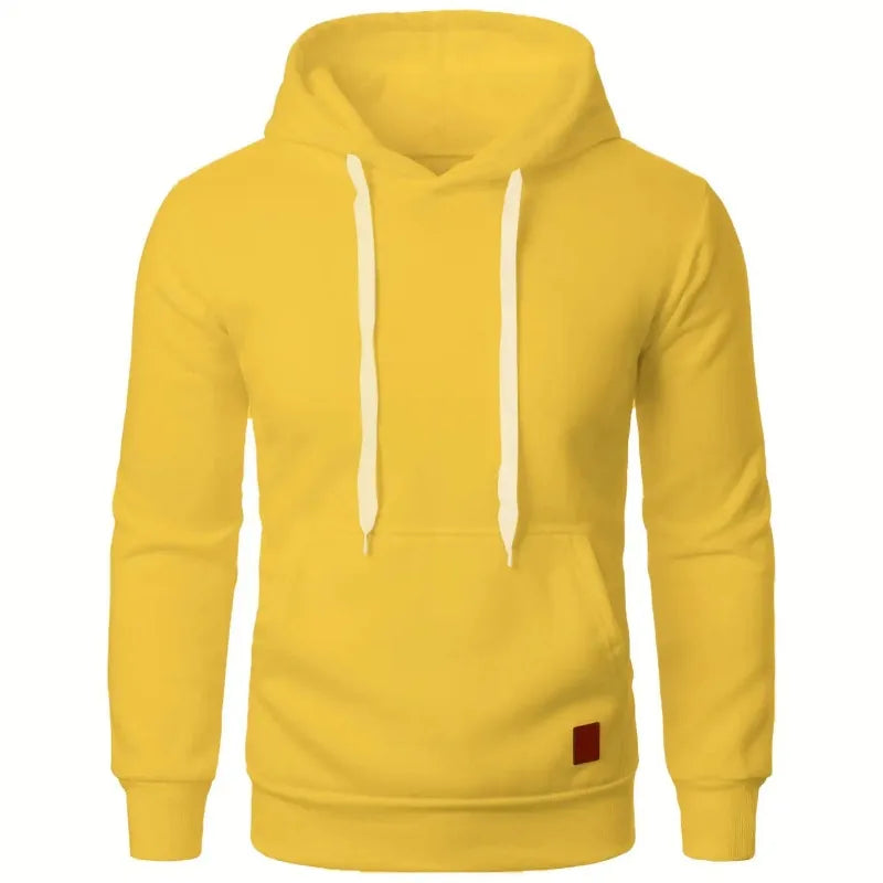 Men's lightweight yellow drawstring pullover hoodie, back view showing hood and white drawstring on white background