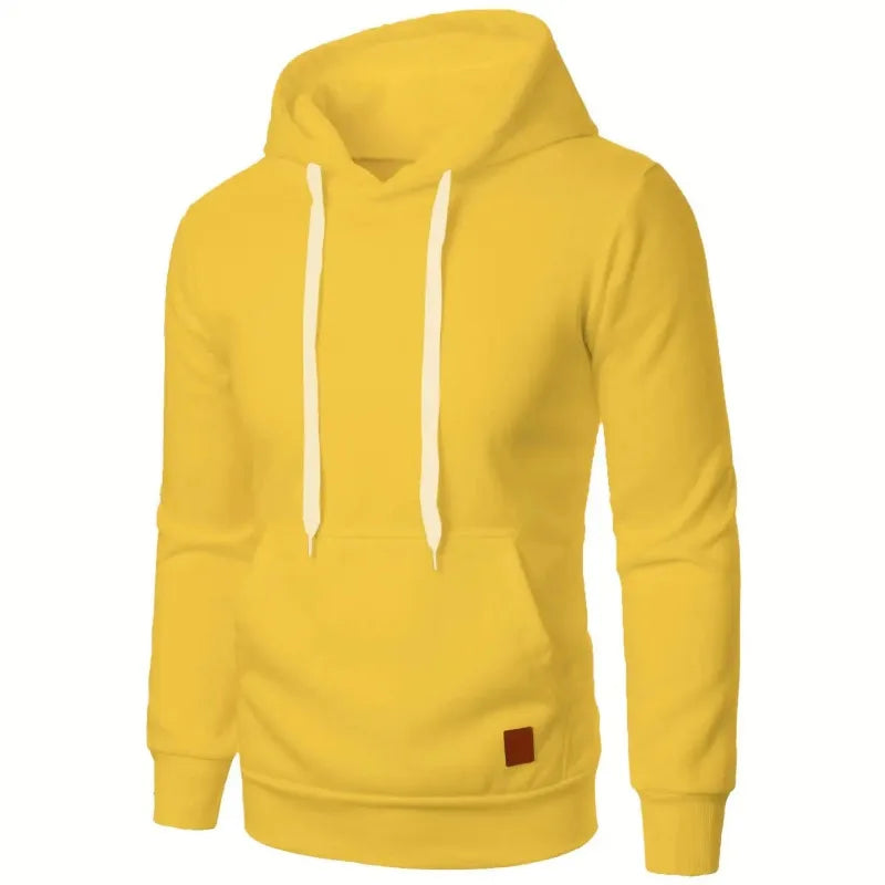 Men's lightweight yellow drawstring pullover hoodie with kangaroo pocket and white drawstring, front view on white background