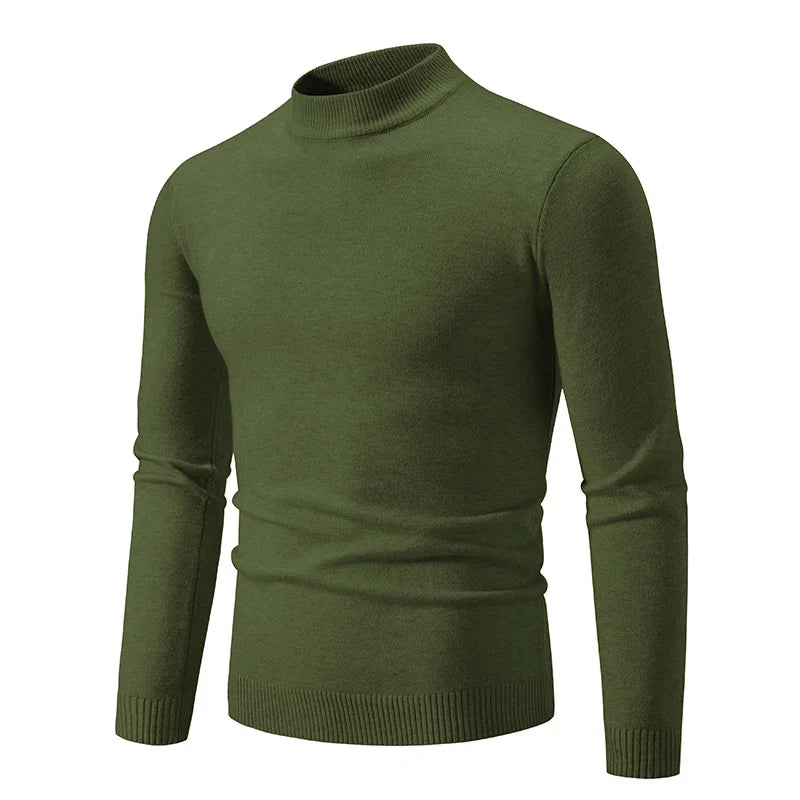 Men's oversized mock neck sweater in army green, front view with ribbed cuffs and hem