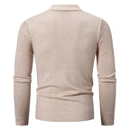 Men's oversized mock neck sweater in beige, back view with ribbed cuffs and hem