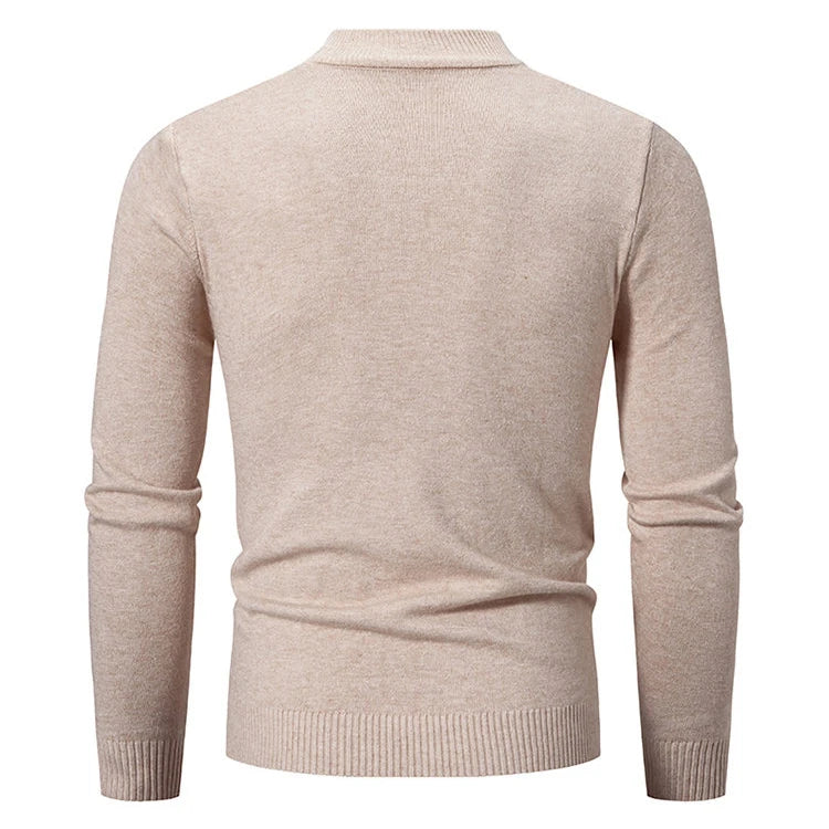 Men's oversized mock neck sweater in beige, back view with ribbed cuffs and hem