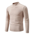 Men's oversized mock neck sweater in beige, front view with ribbed cuffs and hem
