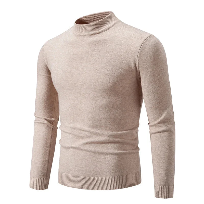 Men's oversized mock neck sweater in beige, front view with ribbed cuffs and hem
