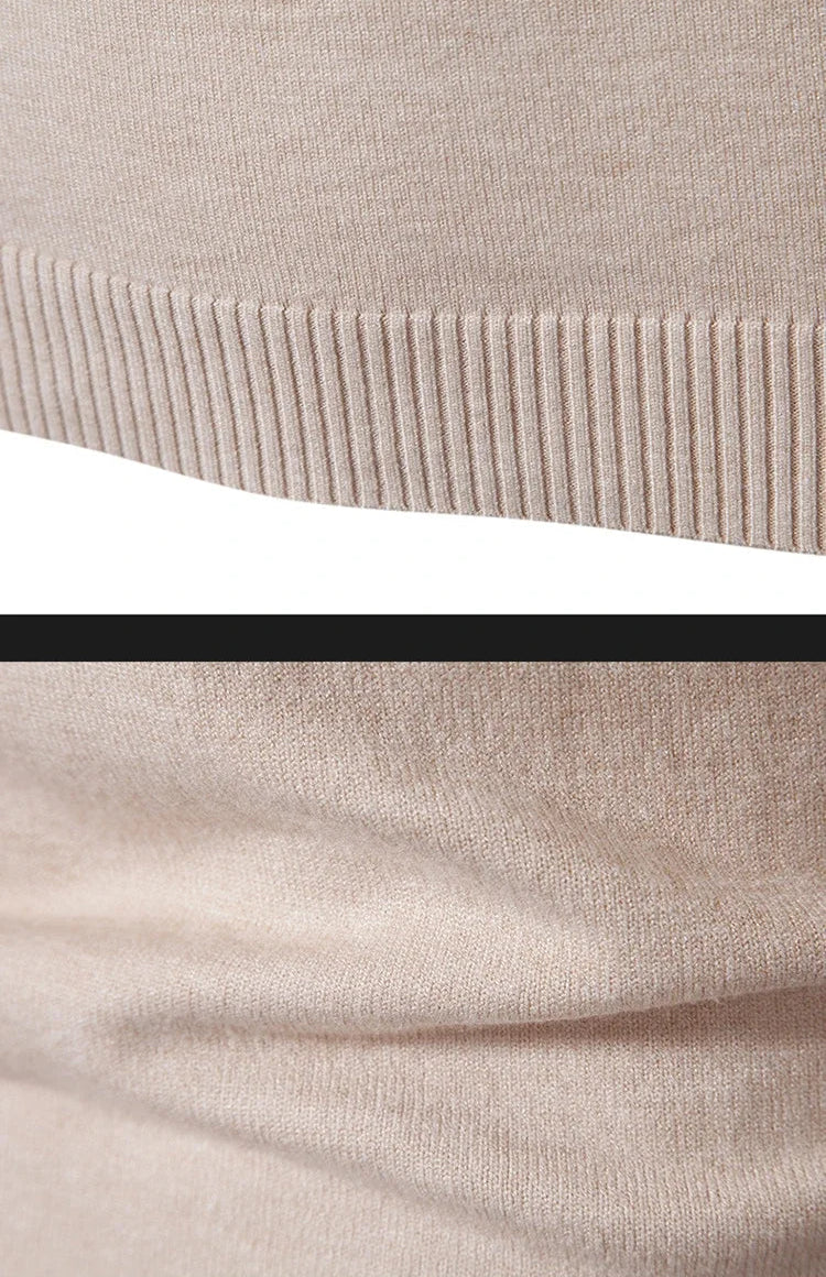 Men's oversized mock neck sweater in beige, close-up of ribbed hem and knit texture detail