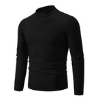 Men's oversized mock neck sweater in black, front view with ribbed cuffs and hem