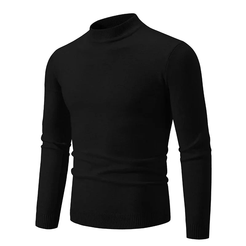 Men's oversized mock neck sweater in black, front view with ribbed cuffs and hem