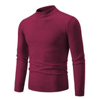 Men's oversized mock neck sweater in burgundy wine red, front view with ribbed cuffs and hem