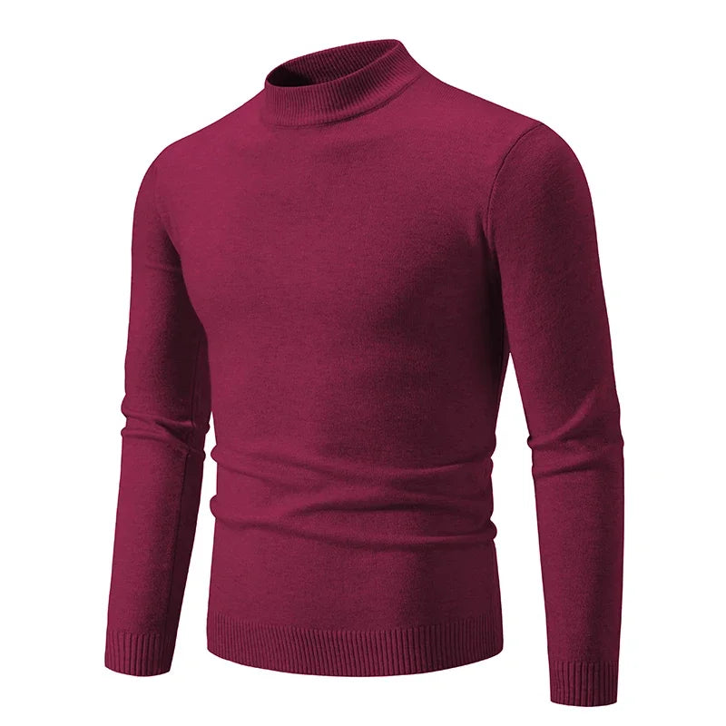 Men's oversized mock neck sweater in burgundy wine red, front view with ribbed cuffs and hem
