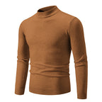 Men's oversized mock neck sweater in camel brown, front view with ribbed cuffs and hem