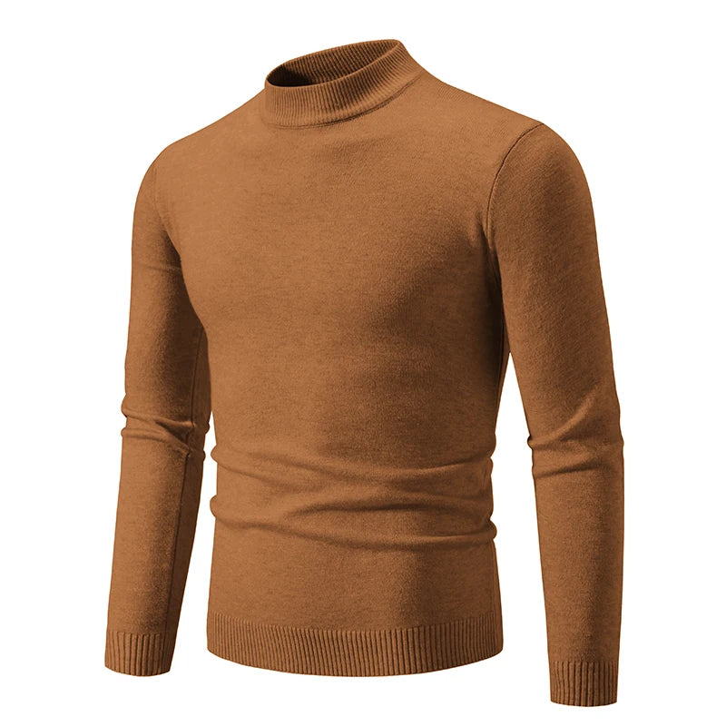 Men's oversized mock neck sweater in camel brown, front view with ribbed cuffs and hem