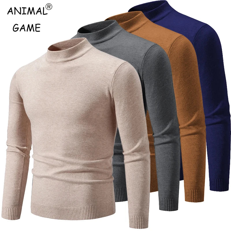 Men's oversized mock neck sweater collection in beige, gray, camel brown and navy blue, front view