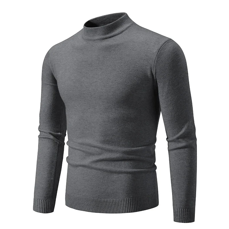 Men's oversized mock neck sweater in gray, front view with ribbed cuffs and hem