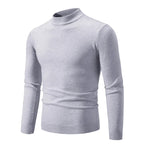 Men's oversized mock neck sweater in light gray, front view with ribbed cuffs and hem