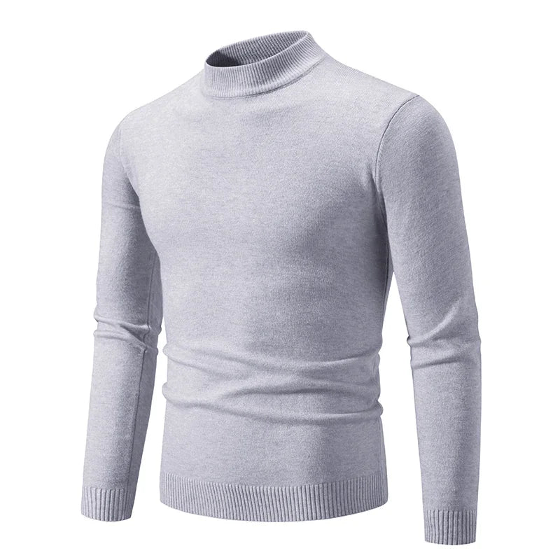 Men's oversized mock neck sweater in light gray, front view with ribbed cuffs and hem