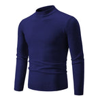 Men's oversized mock neck sweater in navy blue, front view with ribbed cuffs and hem