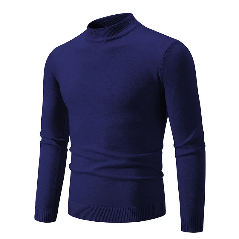 Men's oversized mock neck sweater in navy blue, front view with ribbed cuffs and hem