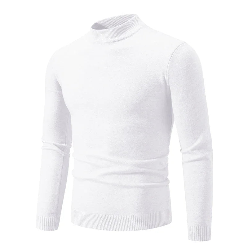Men's oversized mock neck sweater in white, front view with ribbed cuffs and hem