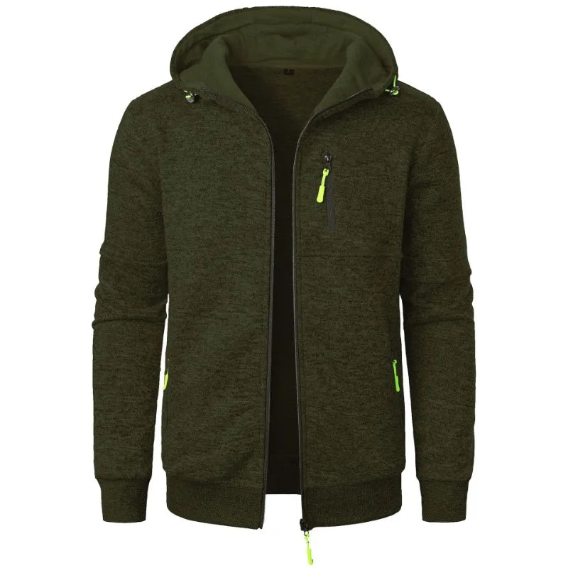 Men's oversized hood full-zip hoodie in army green with neon green accent zipper and pockets - streetwear jacket, front view open