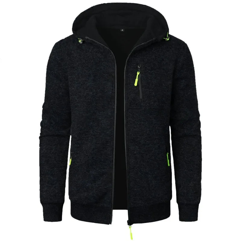 Men's oversized hood full-zip hoodie in black with neon green accent zipper and pockets - streetwear jacket with quilted sleeve detail, front view