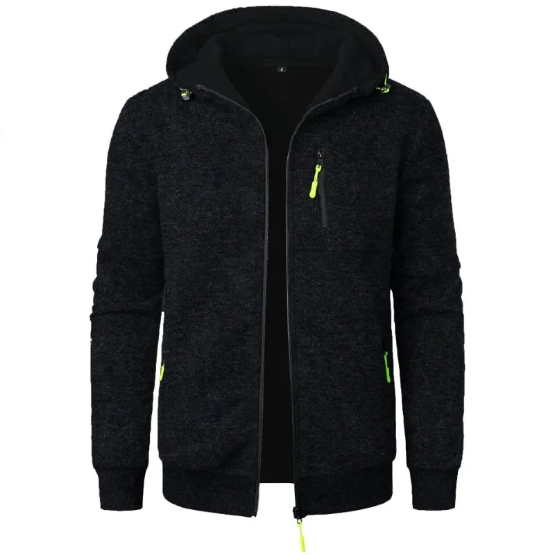 Men's oversized hood full-zip hoodie in black with neon green accent zipper and pockets - streetwear jacket, front view