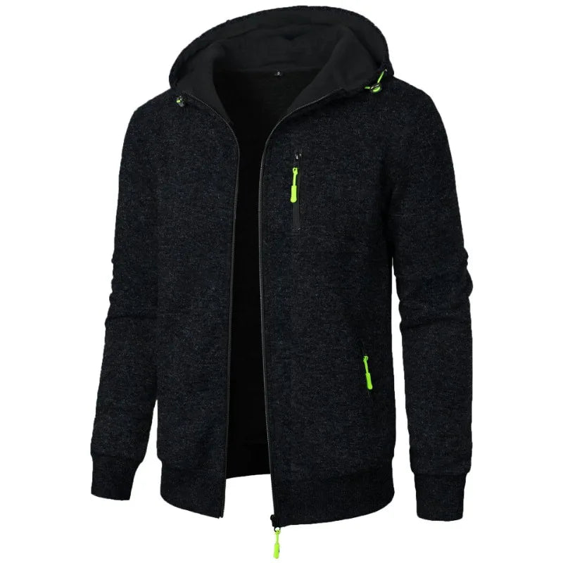 Men's oversized hood full-zip hoodie in black with neon green accent zipper and pockets - streetwear jacket, side angle view