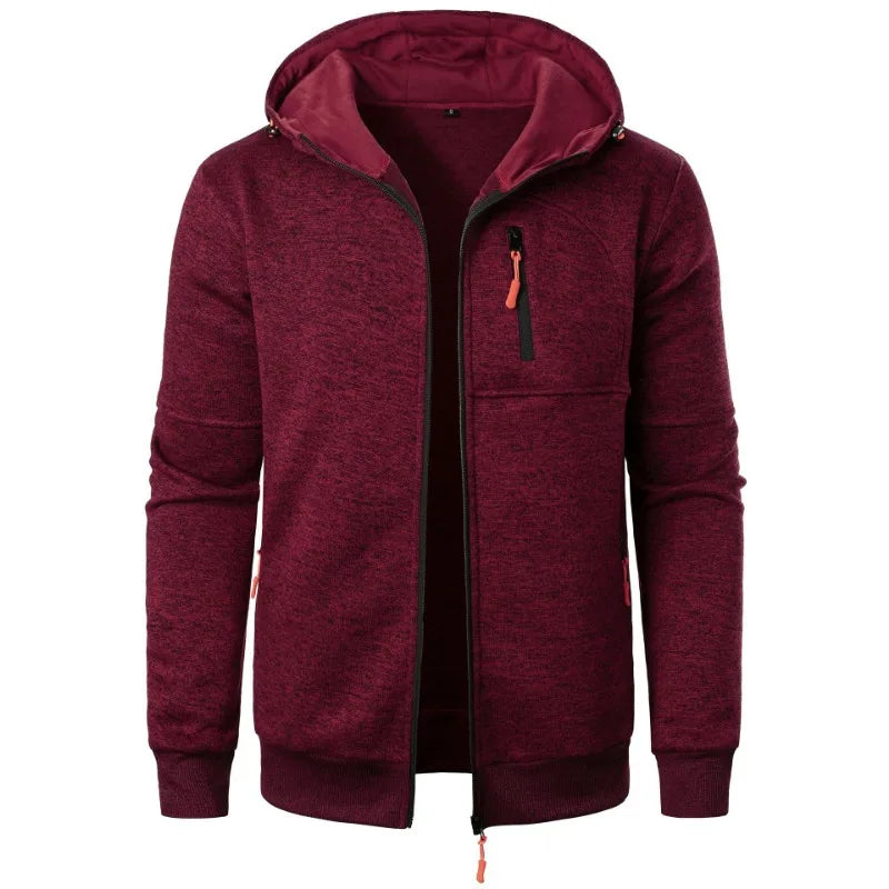 Men's oversized hood full-zip hoodie in burgundy wine red with orange accent zipper and pockets - streetwear jacket, front view open