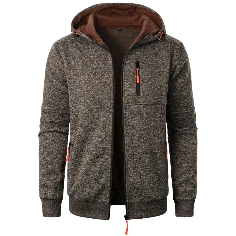 Men's oversized hood full-zip hoodie in coffee brown heathered textured fabric with brown hood lining and orange accent zipper - streetwear jacket, front view open