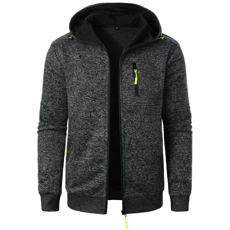 Men's oversized hood full-zip hoodie in dark gray heathered textured fabric with neon green accent zipper and pockets - streetwear jacket, front view open