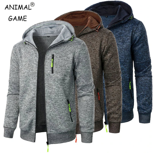 Men's oversized hood full-zip hoodie in gray, brown, khaki and navy blue - streetwear jacket with neon accent zipper, front view