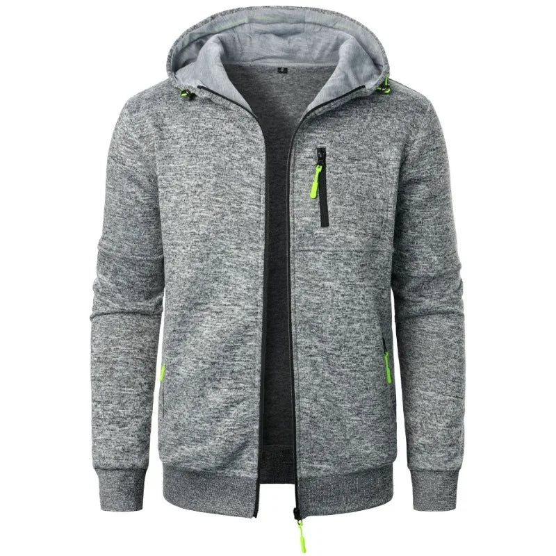 Men's oversized hood full-zip hoodie in gray heathered fabric with neon green accent zipper and pockets - streetwear jacket, front view open