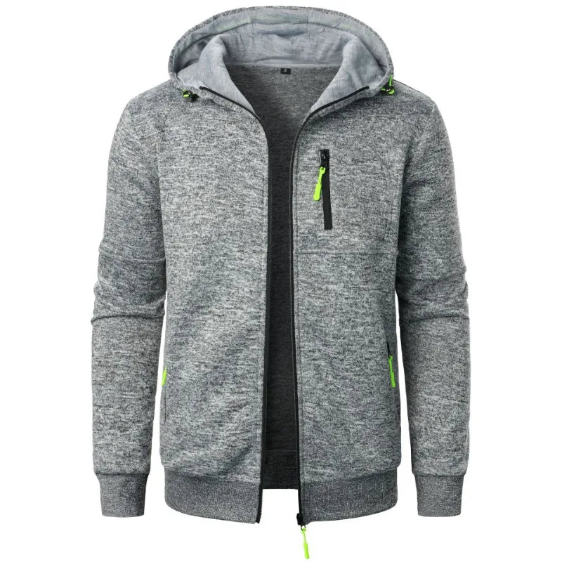 Men's oversized hood full-zip hoodie in gray heathered fabric with neon green accent zipper and pockets - streetwear jacket, side angle view
