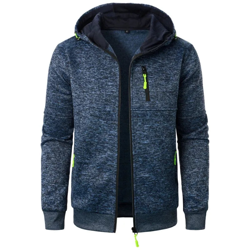Men's oversized hood full-zip hoodie in navy blue heathered fabric with neon green accent zipper and pockets - streetwear jacket, front view open