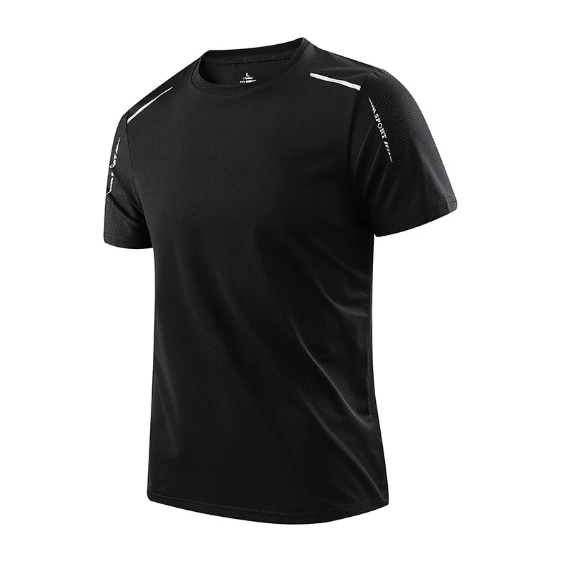 Men's quick dry athletic t-shirt in black with reflective details on sleeves, front view