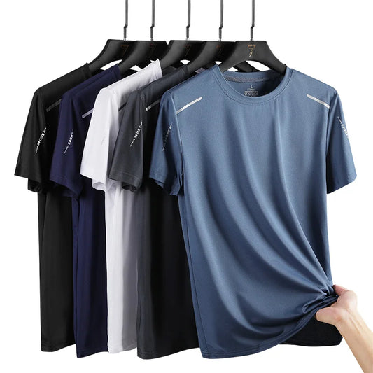 Men's quick dry athletic t-shirt collection displayed on hangers showing slate blue, navy, black, gray and white color options