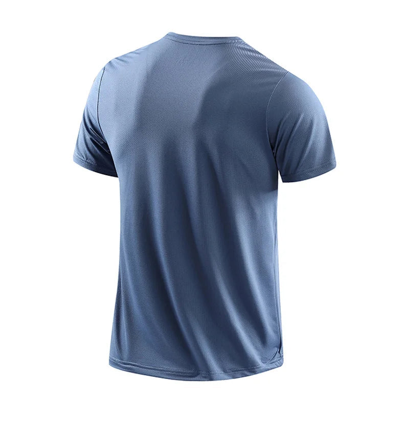 Men's quick dry athletic t-shirt in slate blue with reflective details on sleeves, back view