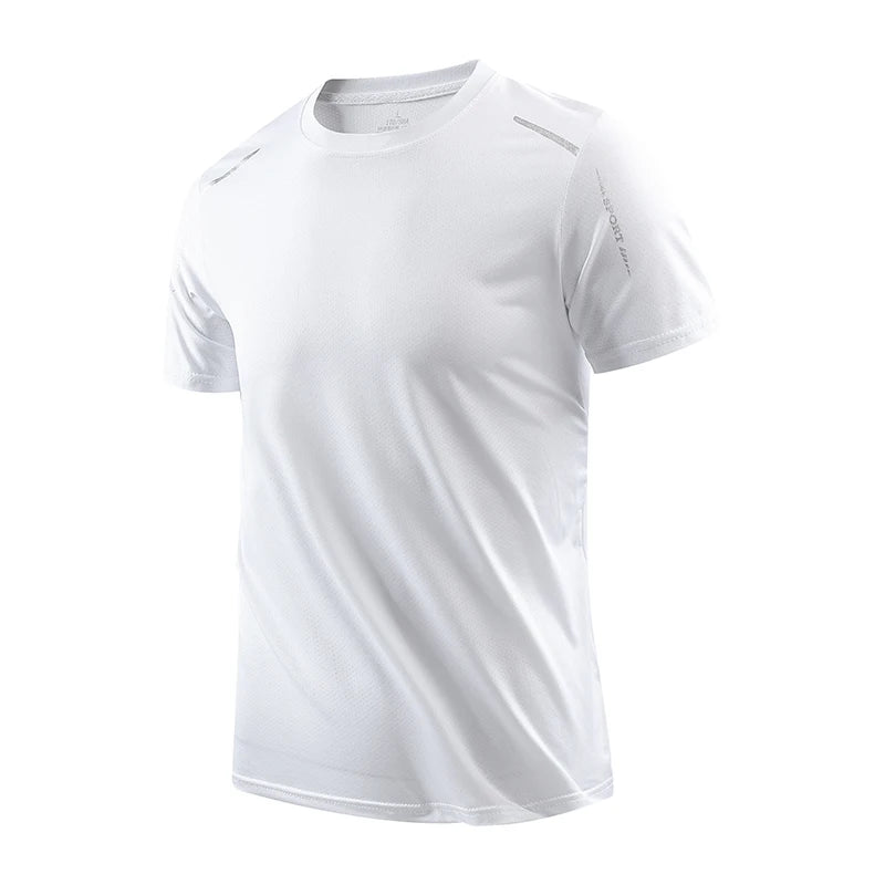 Men's quick dry athletic t-shirt in white with reflective details on sleeves, front view
