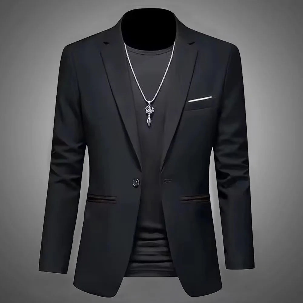 Men's slim fit blazer single button black - front view, slim cut with chest pocket and side pockets